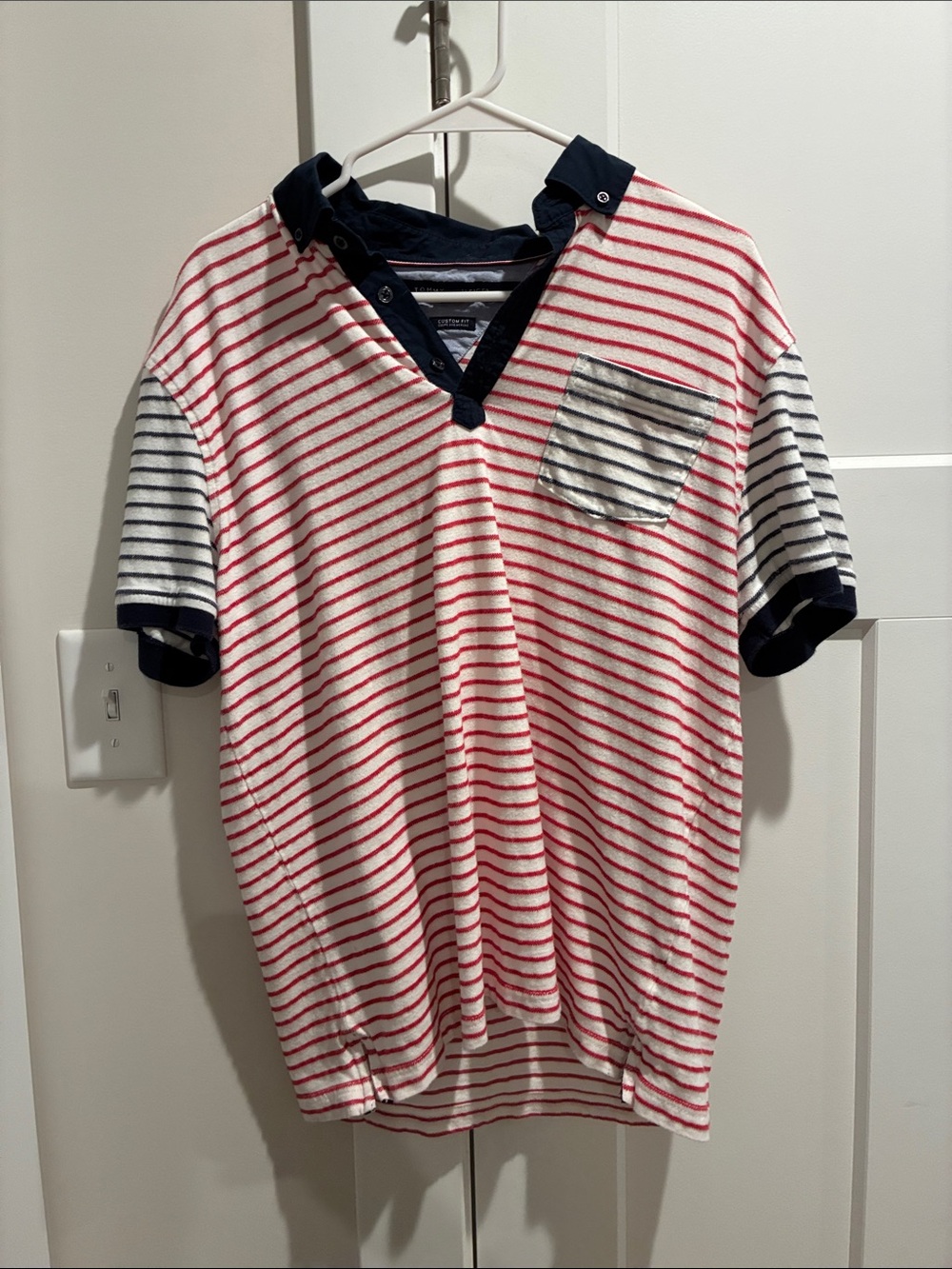 Tommy Hilfiger Patriotic Red White & Blue Striped Polo with Navy Collar